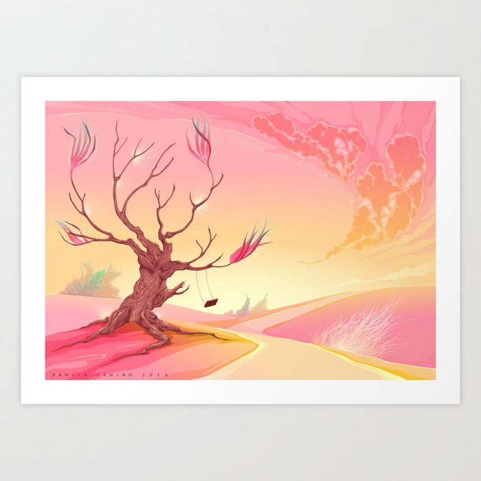 Romantic Landscape With Tree And Sunset Art Print