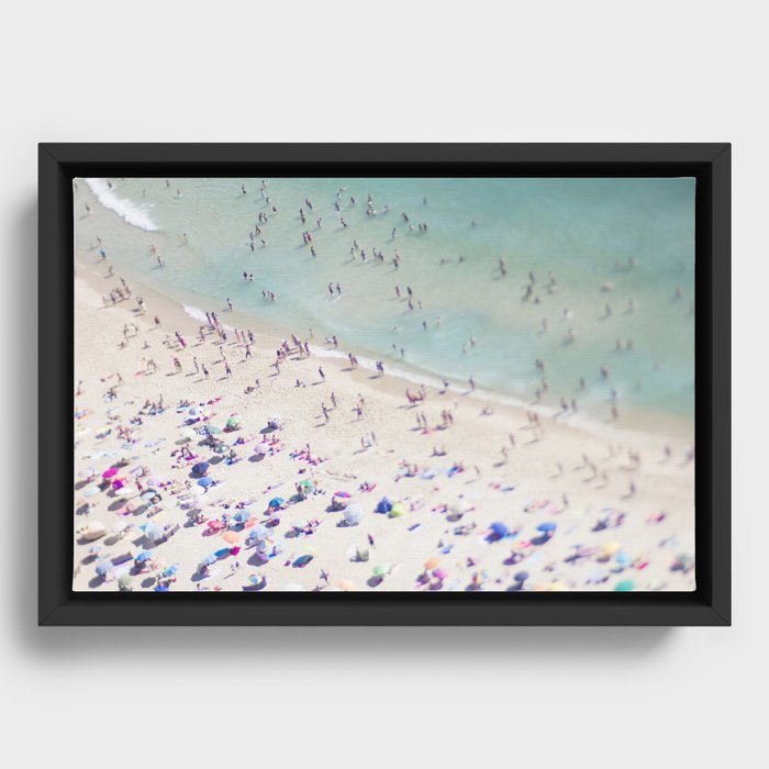 Aerial Beach Print - Crowded Beach - Swimming - Pastel - Summer - Ocean - Sea Travel Photography  Framed Canvas