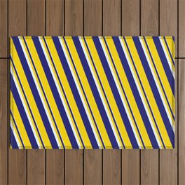 [ Thumbnail: Mint Cream, Midnight Blue & Yellow Colored Lines/Stripes Pattern Outdoor Rug ]
