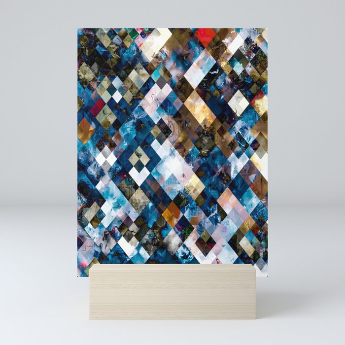 geometric pixel square pattern abstract background in blue brown Mini Art Print