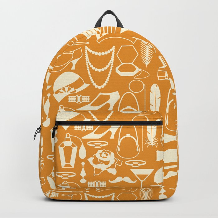 White Fashion 1920s Vintage Pattern on Orange Backpack