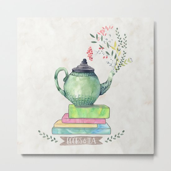 Books & Tea Watercolor Metal Print