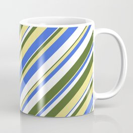 [ Thumbnail: Dark Olive Green, Tan, Royal Blue, and White Colored Stripes Pattern Coffee Mug ]