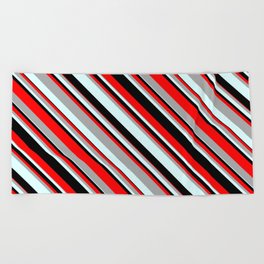 [ Thumbnail: Red, Dark Grey, Light Cyan, and Black Colored Striped Pattern Beach Towel ]