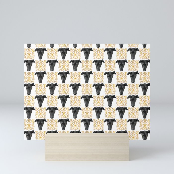 Black Greyhound Faces & Decorative Butterfly Patterns Mini Art Print