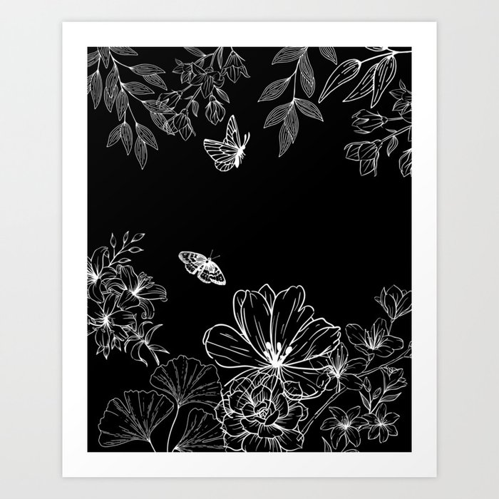 Black and White, Floral, Pattern, Minimalist, Modern, Abstract, Fashion Print, Texture Art Print