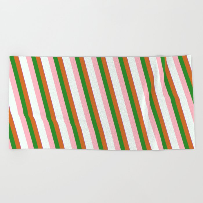 Orchid, Chocolate, Forest Green, Light Pink & Mint Cream Colored Striped/Lined Pattern Beach Towel