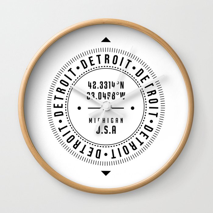 Detroit, Michigan, USA - 1 - City Coordinates Typography Print - Classic, Minimal Wall Clock
