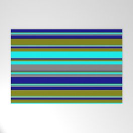 [ Thumbnail: Green, Cyan, Grey, and Dark Blue Colored Striped Pattern Welcome Mat ]