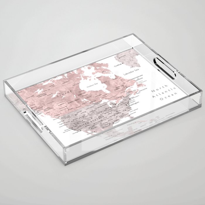 Dusty pink and grey detailed watercolor world map Acrylic Tray