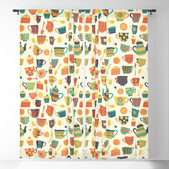 Vintage tea party - tea cups and sweets beige Blackout Curtain