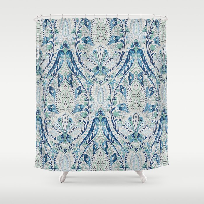 Green Blue Leaf Flower Paisley Shower Curtain