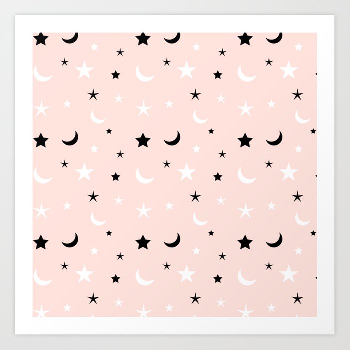 Pink Background With Black And White Moon And Star Pattern Art