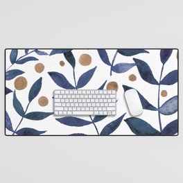 Watercolor berries and branches - indigo and beige Desk Mat