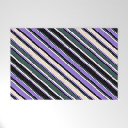 [ Thumbnail: Dark Slate Gray, Beige, Purple & Black Colored Lined Pattern Welcome Mat ]