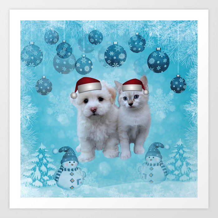 Christmas Cat and Dog Art Print