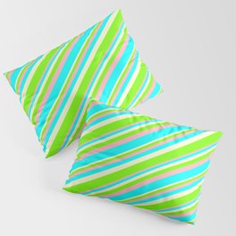 [ Thumbnail: Light Yellow, Green, Light Pink, and Cyan Colored Striped/Lined Pattern Pillow Sham ]