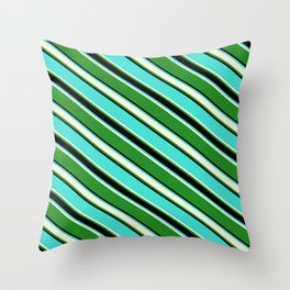 [ Thumbnail: Turquoise, Beige, Forest Green, and Black Colored Lined Pattern Throw Pillow ]