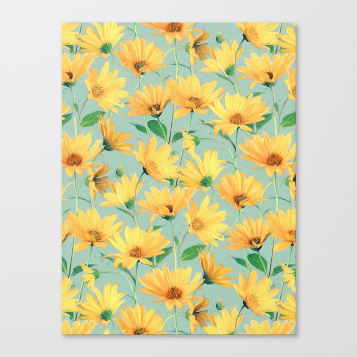 Painted Golden Yellow Daisies On Soft Sage Green Canvas Print By