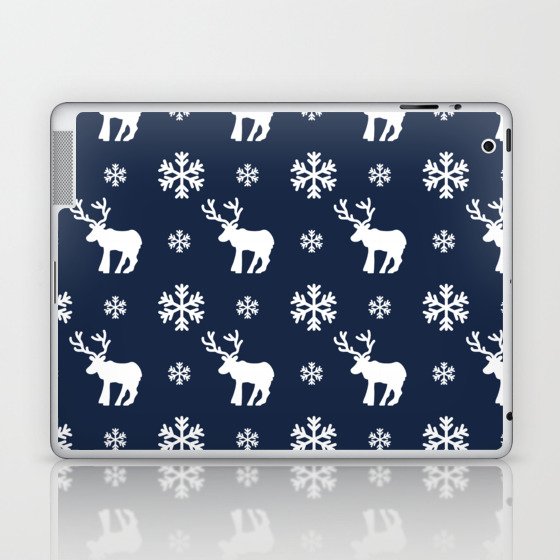 Christmas Pattern White Navy Blue Snowflake Deer Laptop & iPad Skin