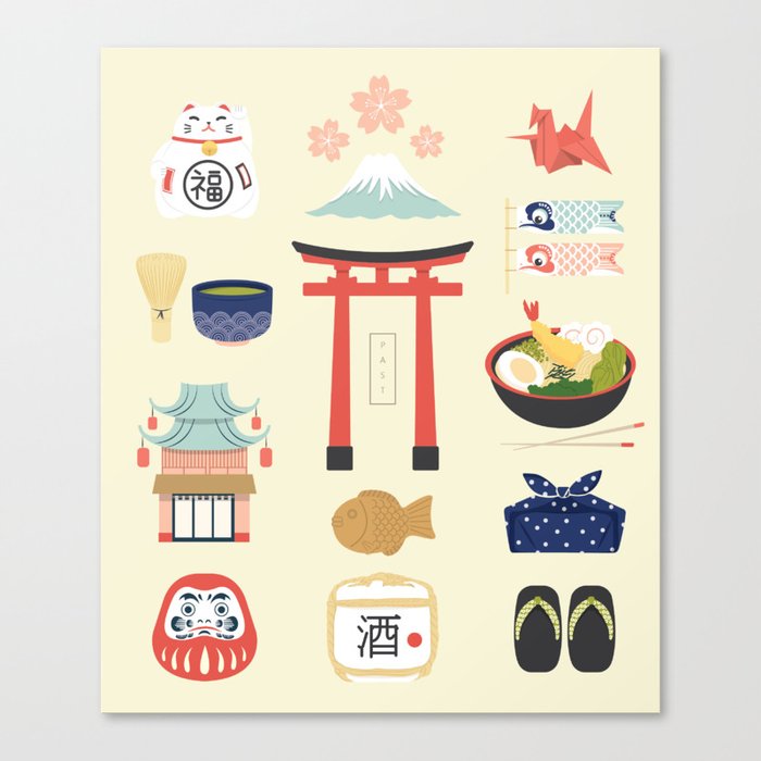 Japan Icons Illustration : PAST Leinwanddruck | Graphic-design, Illustration, Vector, Cartoon, Pop-art, Tokyo, Digital, Japan, Culture, Ramen