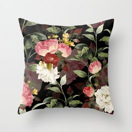 Floral Flower Pattern Watercolor White Pink Flowers Black Background Throw Pillow