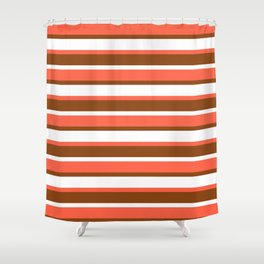 [ Thumbnail: Red, Brown & White Colored Stripes Pattern Shower Curtain ]