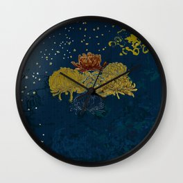 Night garden with chrysanthemums Wall Clock | Garden, Chrysanthemum, Stars, Midnightblue, Digital, Flowers, Blue, Night, Mums, Fireflies 