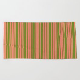 [ Thumbnail: Salmon and Green Colored Lines Pattern Beach Towel ]