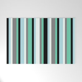 [ Thumbnail: Aquamarine, Black, Powder Blue, Mint Cream, and Gray Colored Pattern of Stripes Welcome Mat ]