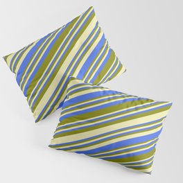 [ Thumbnail: Pale Goldenrod, Royal Blue, and Green Colored Lined Pattern Pillow Sham ]