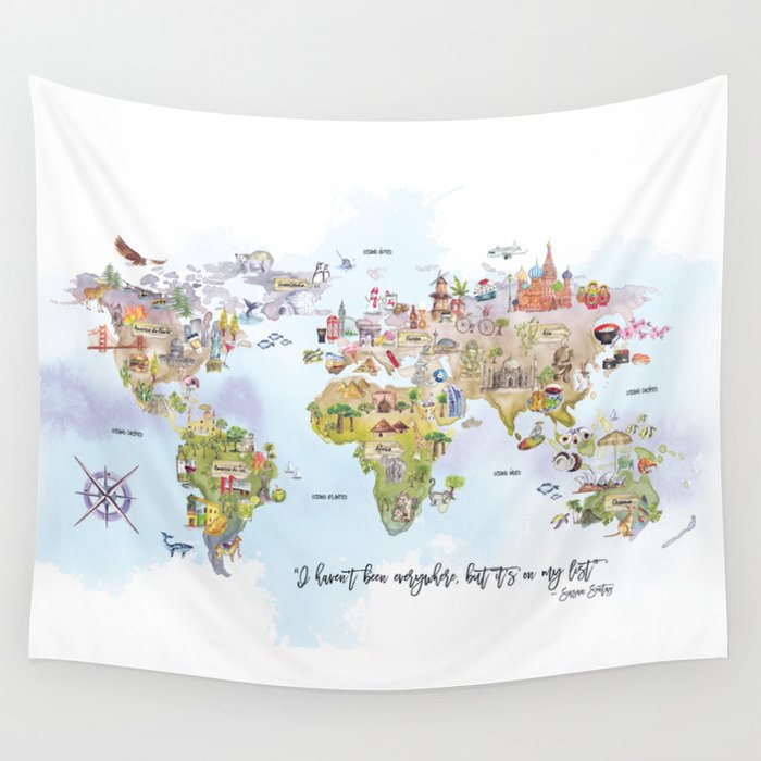 World Map Watercolor Wall Tapestry