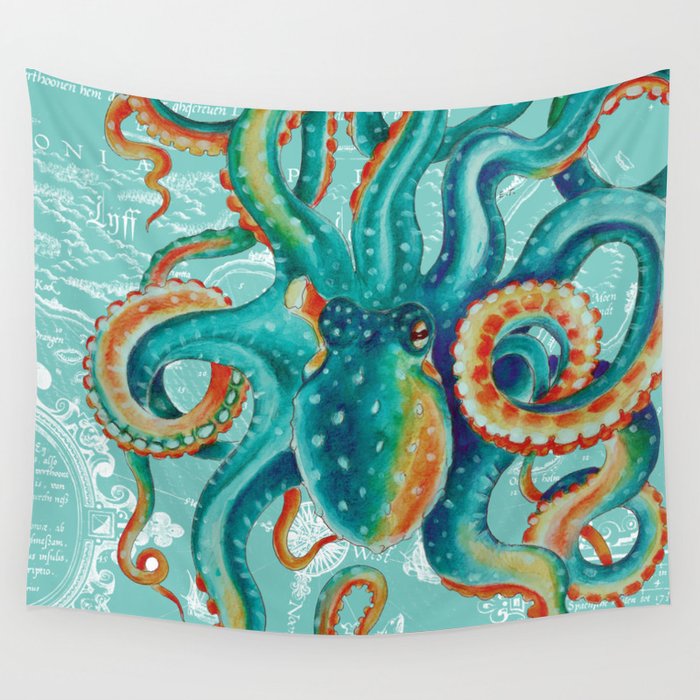 Teal Octopus On Light Teal Vintage Map Wall Tapestry
