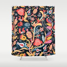 ornamental floral pattern with birds on a dark background Shower Curtain