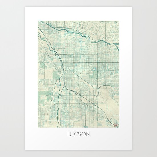 Tucson Map Blue Vintage Art Print