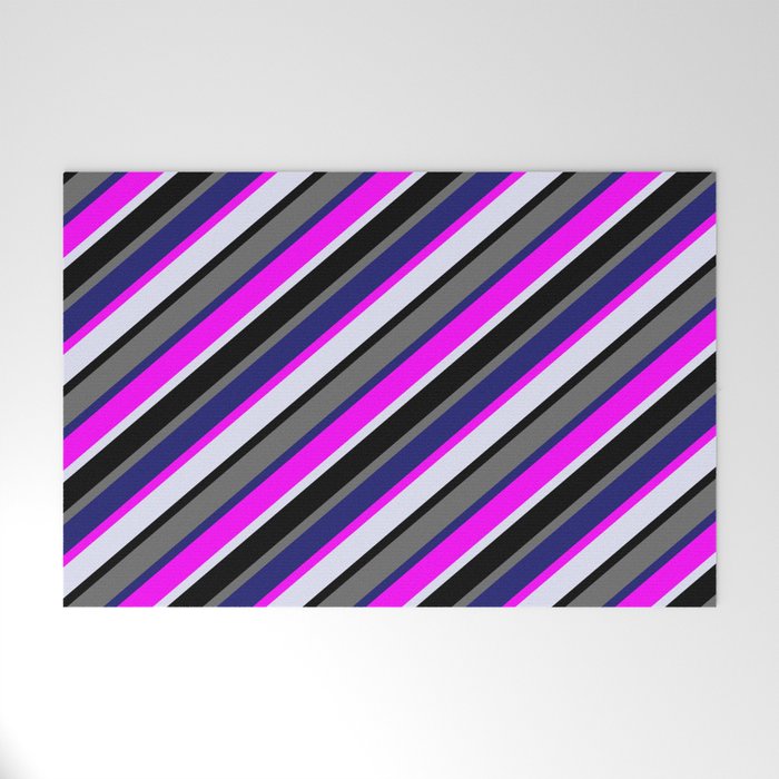 Colorful Fuchsia, Lavender, Black, Dim Grey & Midnight Blue Colored Stripes/Lines Pattern Welcome Mat