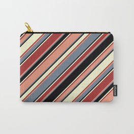 [ Thumbnail: Vibrant Dark Salmon, Slate Gray, Black, Light Yellow, and Brown Colored Lines/Stripes Pattern Carry-All Pouch ]