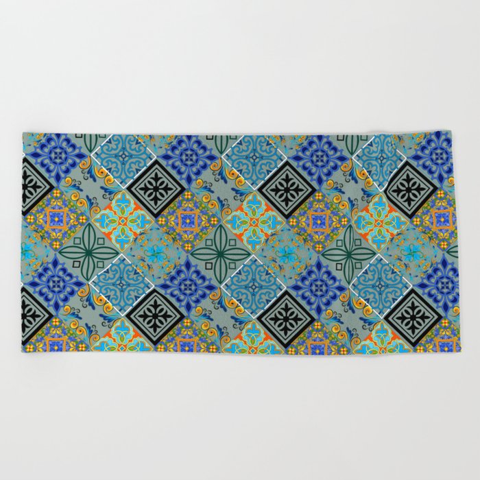 Patchwork,mosaic,flowers,azulejo,quilt,tiles,Portuguese style art Beach Towel