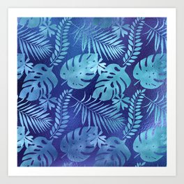 Iridescent Tropical Leaf Pattern in Jungle Blue Art Print