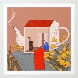 Cozy Art Print | Warm, Fall, Tea, Home, Leaves, Illustration, Nature, Warmth, Art, House 