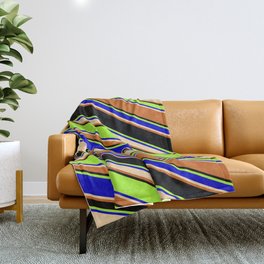 [ Thumbnail: Colorful Light Green, Blue, Tan, Chocolate & Black Colored Lines/Stripes Pattern Throw Blanket ]