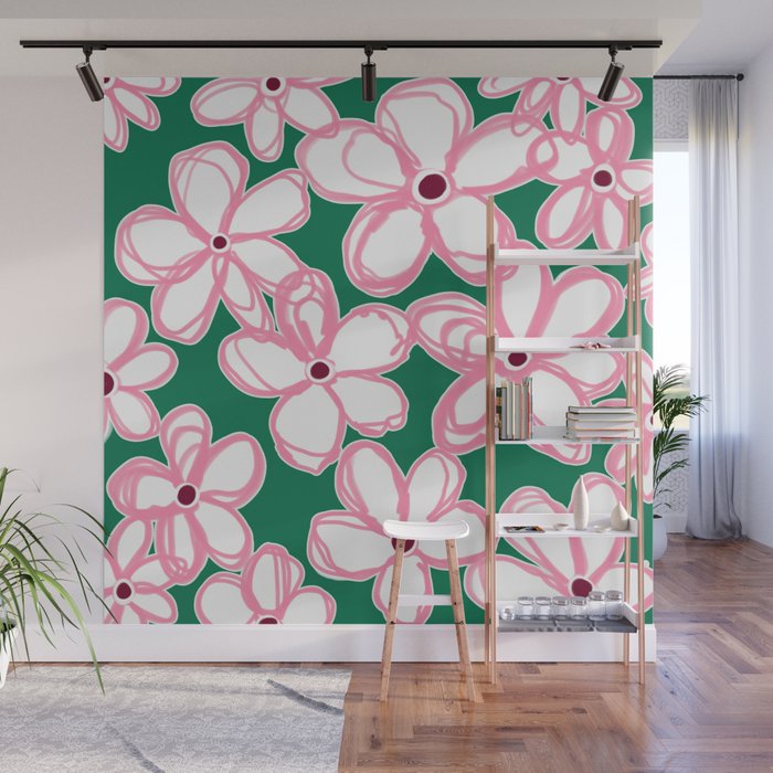 Colorful Floral Pattern on Green - Decorative Cottagecore Pattern Wall Mural