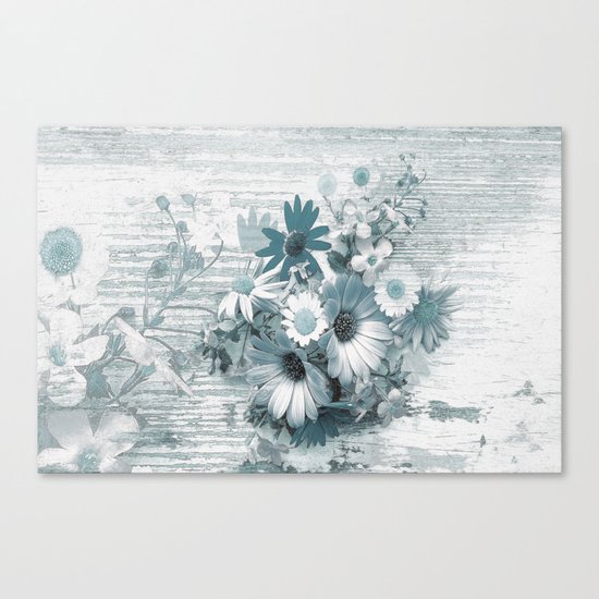 teal flowers on worn wood Canvas Print