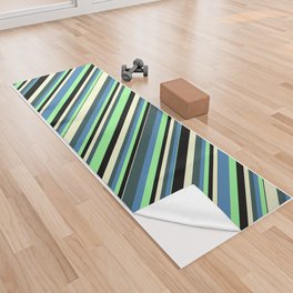 [ Thumbnail: Colorful Green, Blue, Dark Slate Gray, Light Yellow, and Black Colored Stripes/Lines Pattern Yoga Towel ]
