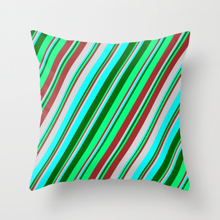 Colorful Brown, Light Grey, Cyan, Dark Green, and Green Colored Stripes Pattern Throw Pillow
