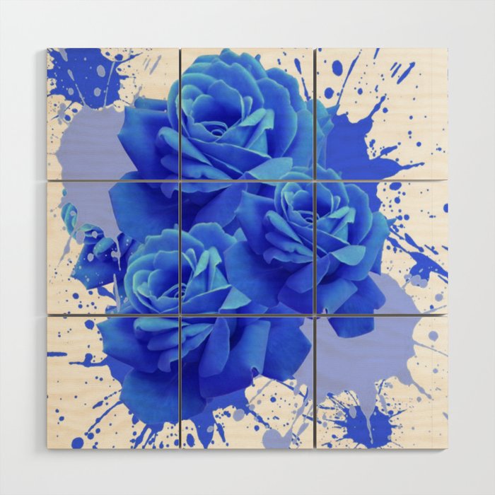 MODERN ART BLUE ROSE PATTERN WATERCOLOR SPLATTER Wood Wall Art by