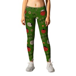 Ladybug and Floral Seamless Pattern on Green Background Leggings