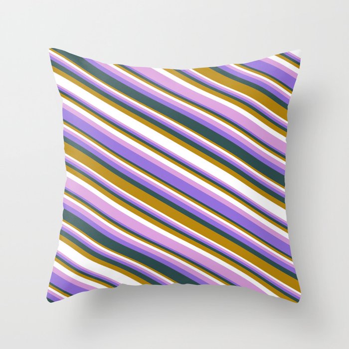Colorful Dark Goldenrod, White, Plum, Purple & Dark Slate Gray Colored Lines/Stripes Pattern Throw Pillow