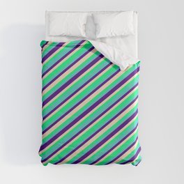 [ Thumbnail: Turquoise, Indigo, Bisque & Green Colored Lines Pattern Duvet Cover ]