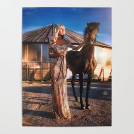 Lord of the manor; blond with horse magical realism female portrait color photograph / photography Poster